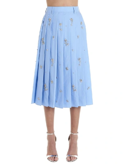 Shop Prada Floral Embellished Pleated Midi Skirt In Blue