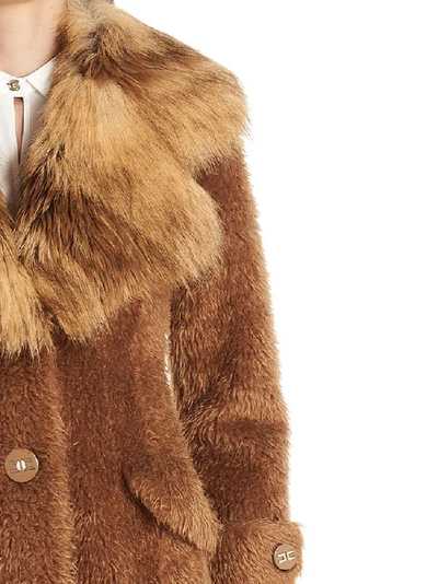 Shop Elisabetta Franchi Fur Trim Teddy Coat In Beige