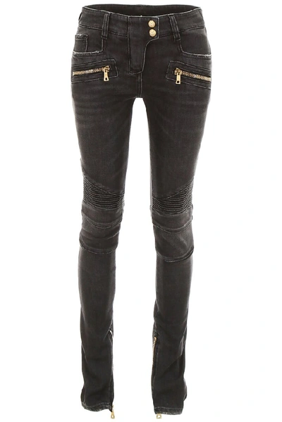 Shop Balmain Panelled Skinny Jeans In Grey