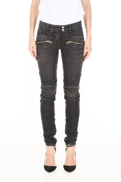 Shop Balmain Panelled Skinny Jeans In Grey