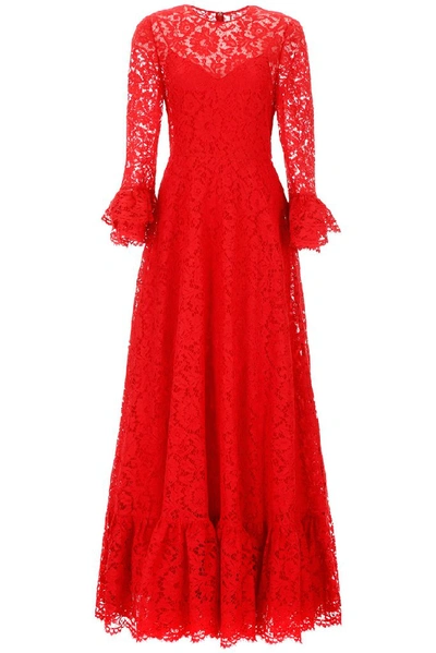 Shop Valentino Heavy Lace Long Ruffle Sleeved Dress In Red