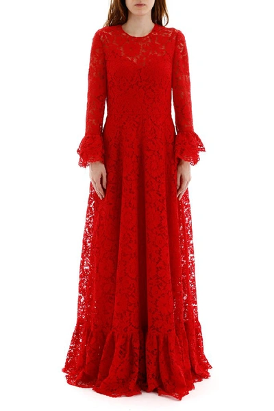 Shop Valentino Heavy Lace Long Ruffle Sleeved Dress In Red