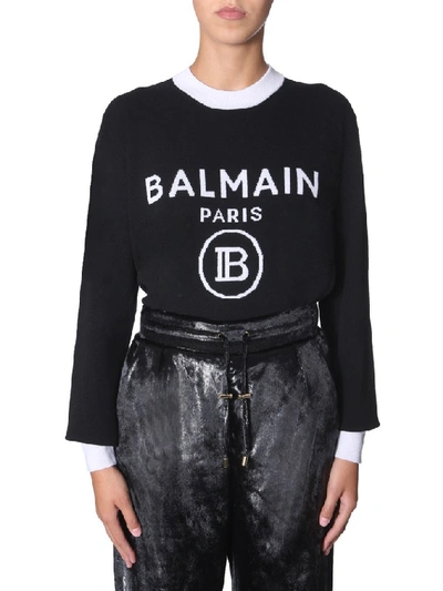 Shop Balmain Logo Print Crewneck Sweatshirt In Black