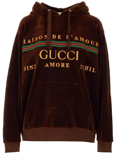 Shop Gucci Logo Embroidered Hoodie In Brown