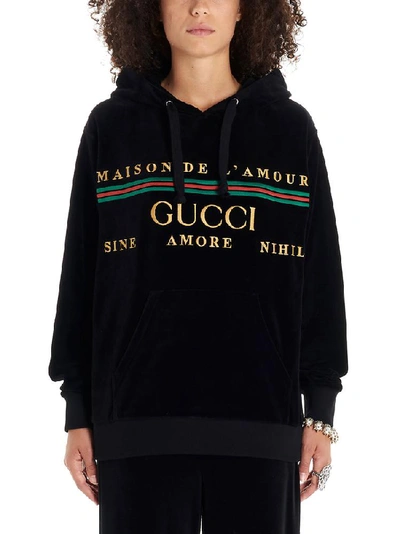 Shop Gucci Logo Embroidered Hoodie In Black