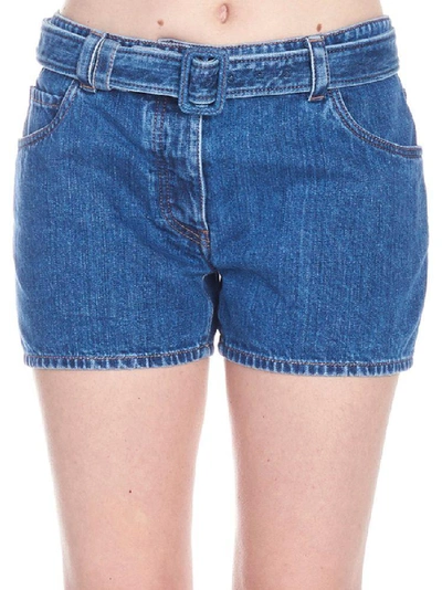 Shop Prada Belted Denim Shorts In Blue