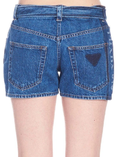 Shop Prada Belted Denim Shorts In Blue