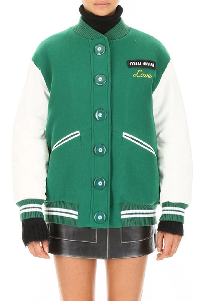 Shop Miu Miu Love Bomber Jacket In Green