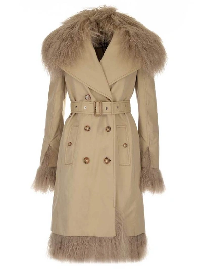 Shop Burberry Shearling Trim Belted Trench Coat In Beige