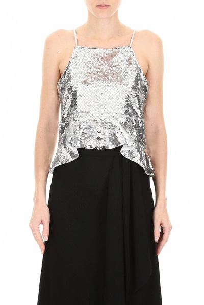 Shop Ganni Sequins Cropped Cami In Silver