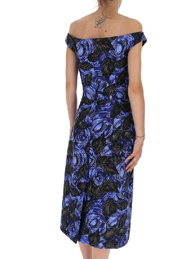 Shop Prada Floral Print Off Shoulder Midi Dress In Blue