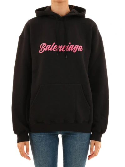 Shop Balenciaga Logo Printed Hoodie In Black