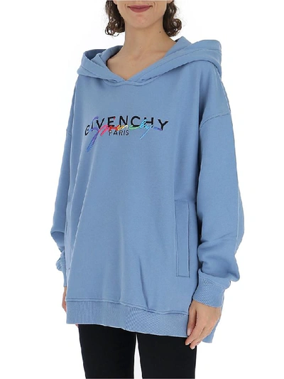 Shop Givenchy Logo Print Hoodie In Blue