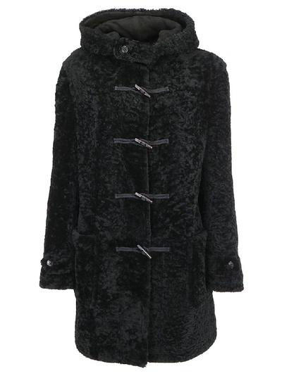 Shop Saint Laurent Shearling Hooded Duffle Coat In Black