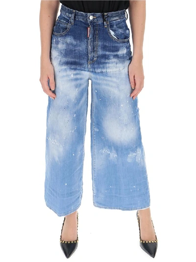 Shop Dsquared2 Logo High Waist Wide Leg Jeans In Blue