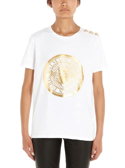 Shop Balmain Metallic Medallion Logo Print T In White