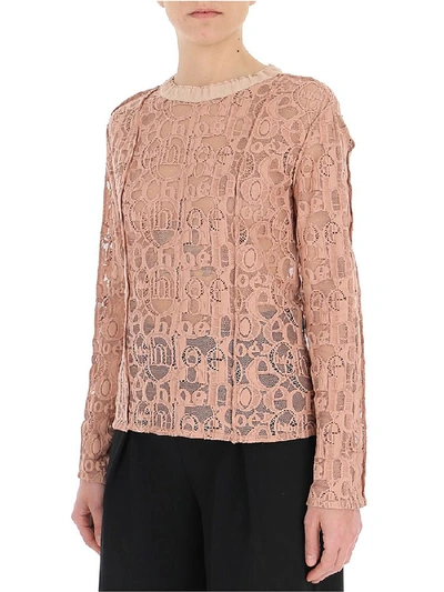 Shop Chloé Lace Logo Embroidered Blouse In Pink