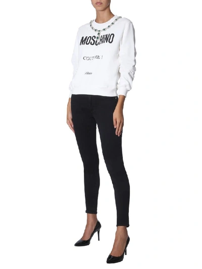 Shop Moschino Logo Print Crewneck Sweatshirt In White