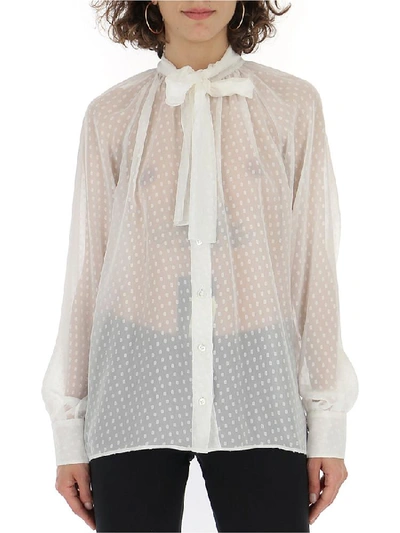 Pussy Bow Dotted Sheer Blouse In White