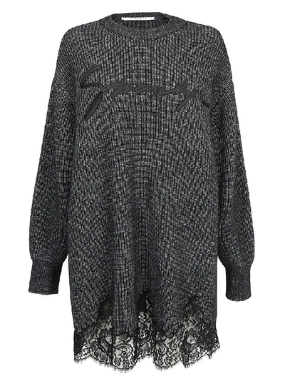 Shop Givenchy Logo Embroidered Lace Scalloped Sweater Dress In Grey