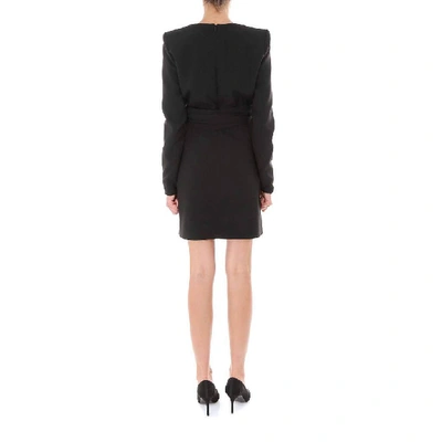 Shop Saint Laurent Ruched Plunge Neck Dress In Black