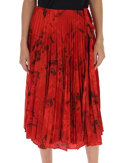 Shop Valentino Floral Print Pleated Skirt In Red