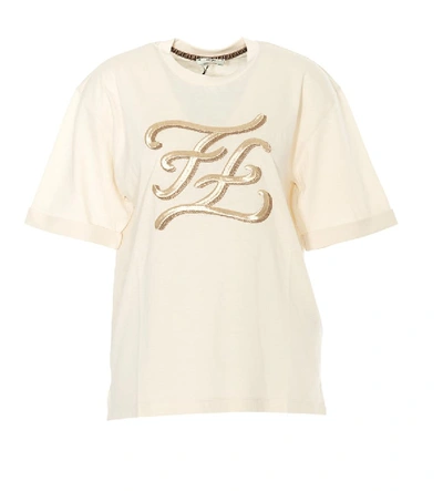 Shop Fendi Ff Karligraphy Logo Embroidered T In Beige