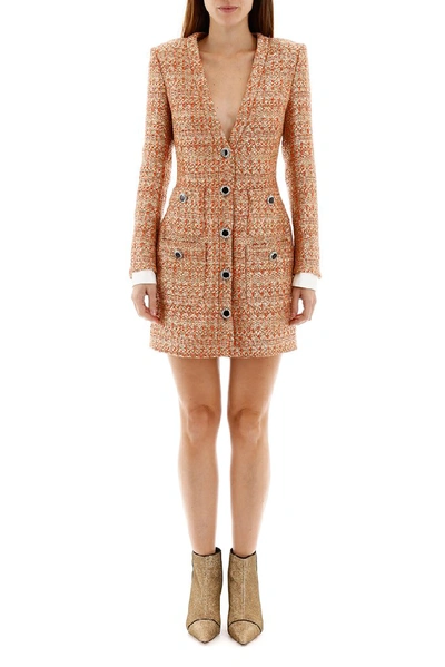 Alessandra Rich V Neck Tweed Mini Dress W micro Sequins In Orange