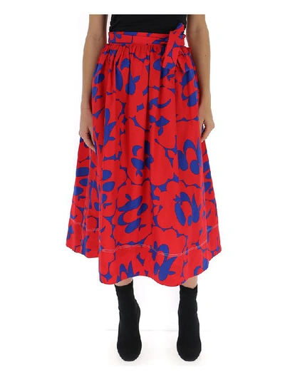 Shop Marni Floral Print Midi Skirt In Red