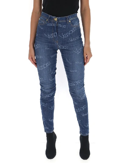 Shop Versace Logo Printed Skinny Jeans In Blue