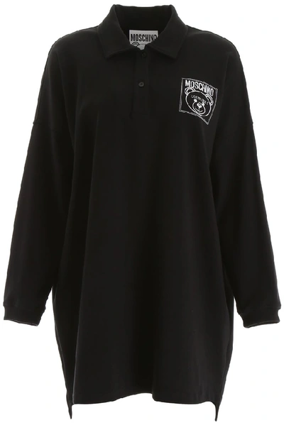 Shop Moschino Teddy Motif Printed Oversize Polo Shirt In Black