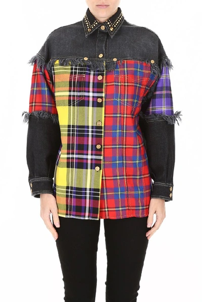 Shop Versace Checked Denim Shirt In Multi