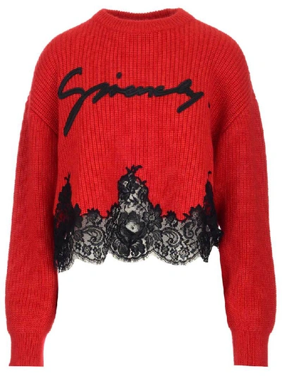 Shop Givenchy Lace Trim Logo Embroidered Sweater In Multi