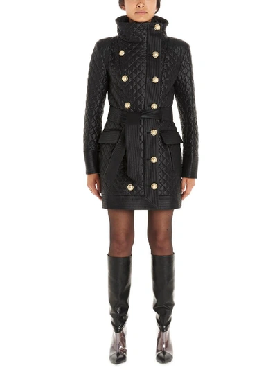 Shop Balmain Quilted Double Breasted Coat In Black