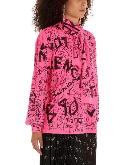 Shop Balenciaga Graffiti Printed Pussy Bow Blouse In Pink