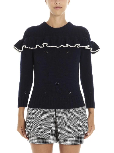 Shop Alexander Mcqueen Ruffled Crochet Knit Detail Sweatshirt In Navy