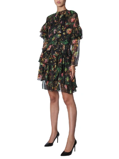 Shop Msgm Asymmetric Floral Print Dress In Black