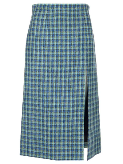 Shop Balenciaga Check High Slit Skirt In Blue