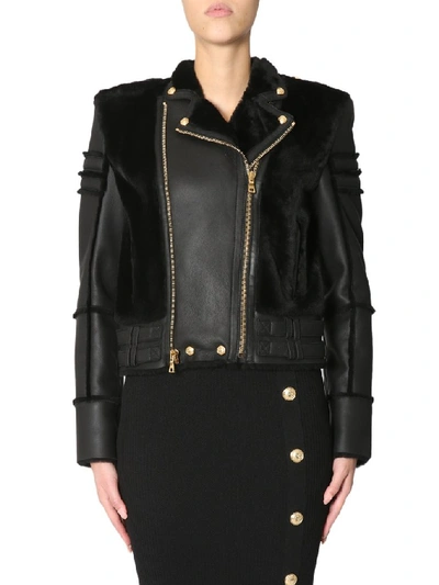 Shop Balmain Fur Inserts Biker Jacket In Black