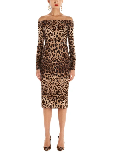 Shop Dolce & Gabbana Off The Shoulder Animalier Printed Dress In Multi