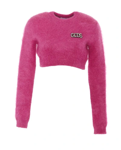 Shop Gcds Logo Embellished Cropped Sweater In Pink