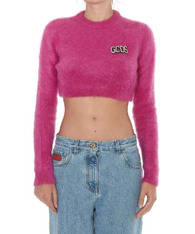 Shop Gcds Logo Embellished Cropped Sweater In Pink