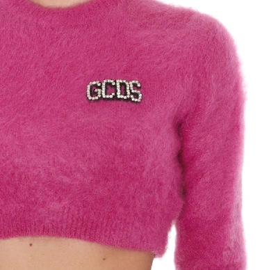 Shop Gcds Logo Embellished Cropped Sweater In Pink