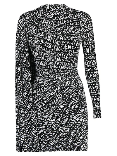 Shop Balenciaga Waves Logo Asymmetrical Draped Dress In Black