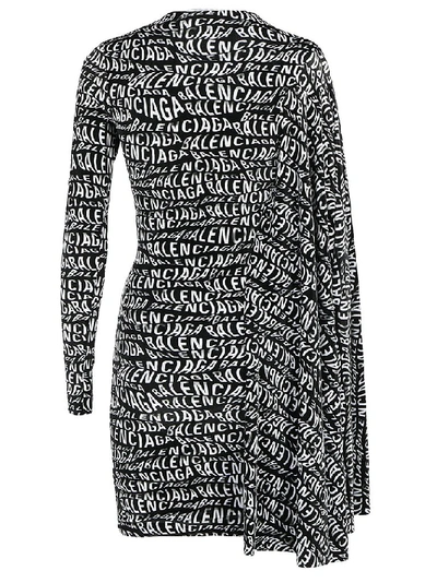 Shop Balenciaga Waves Logo Asymmetrical Draped Dress In Black