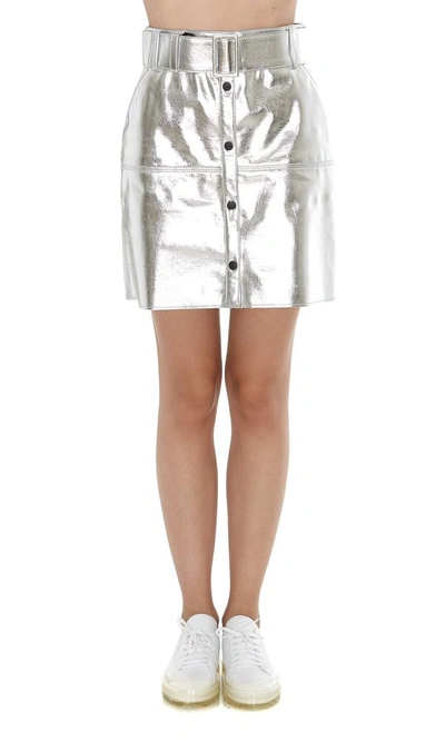 Shop Msgm Belted Button Detail Mini Skirt In Silver