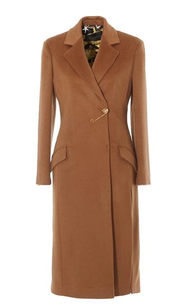 Shop Versace Brooch Detail Coat In Brown