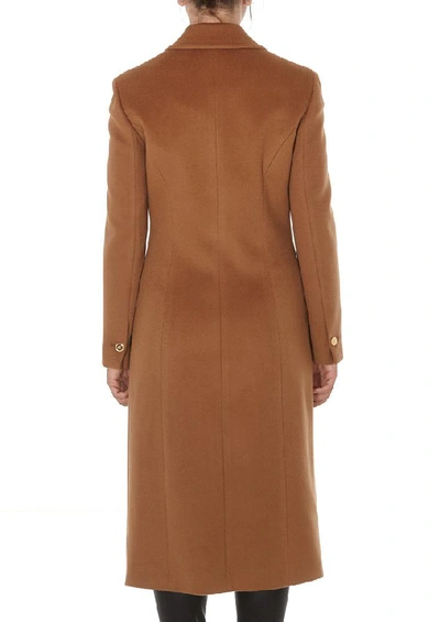 Shop Versace Brooch Detail Coat In Brown