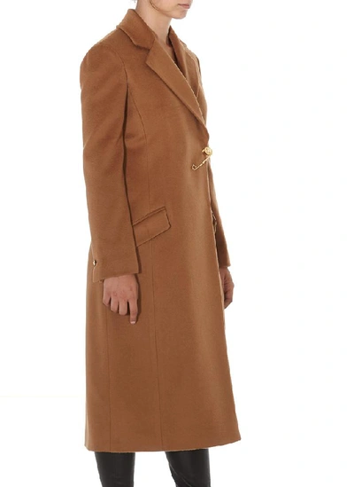 Shop Versace Brooch Detail Coat In Brown