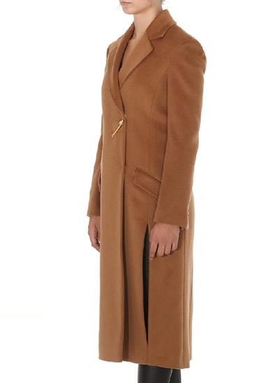 Shop Versace Brooch Detail Coat In Brown